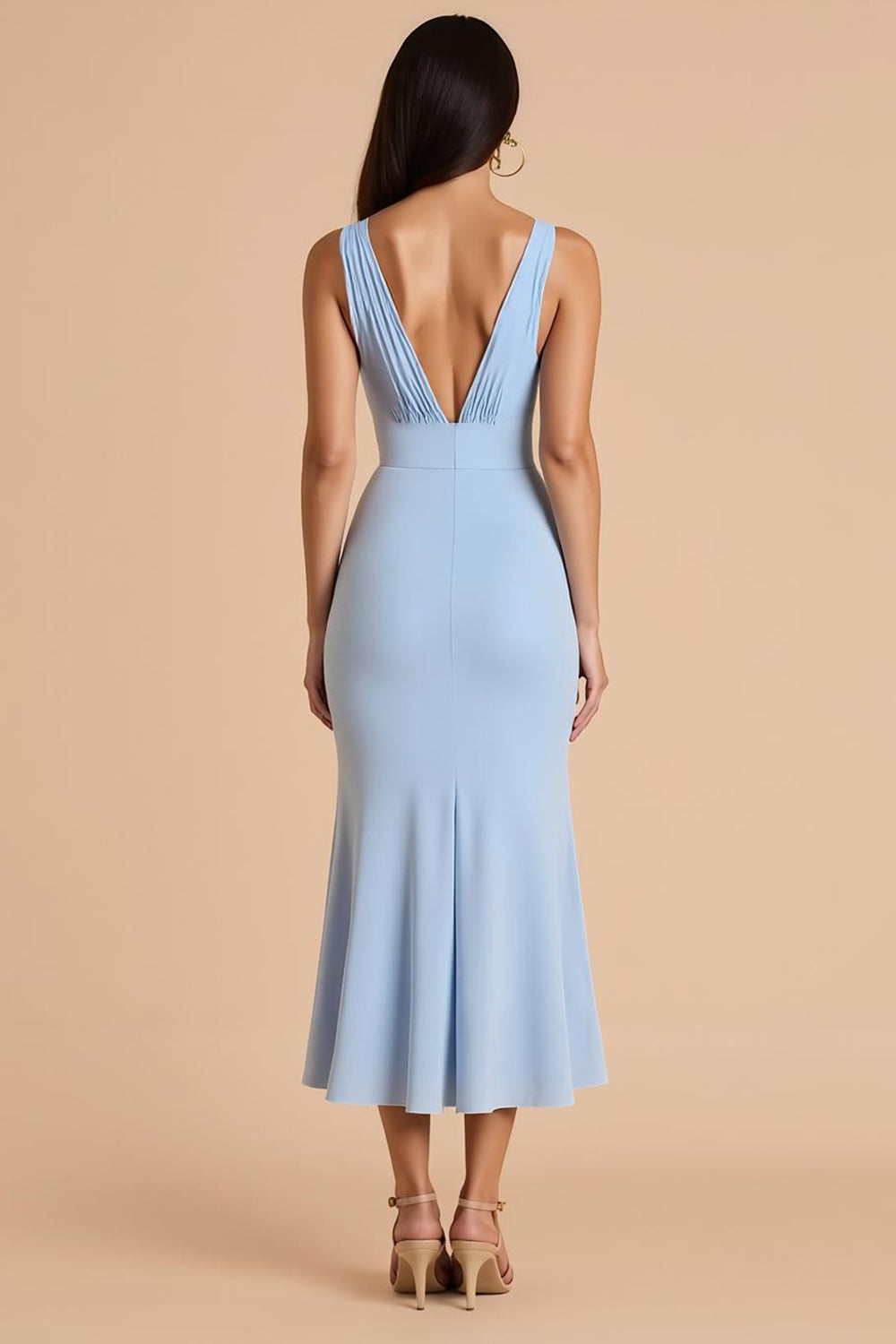 Light Blue Mermaid Deep V-Neck Long Bridesmaid Dress with Bow