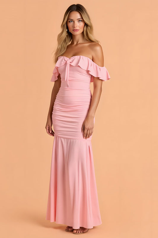 Blush Mermaid Ruched Off the Shoulder Maxi Bridesmaid Dress with Ruffles