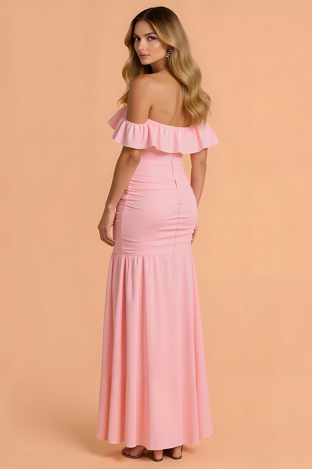 Blush Mermaid Ruched Off the Shoulder Maxi Bridesmaid Dress with Ruffles