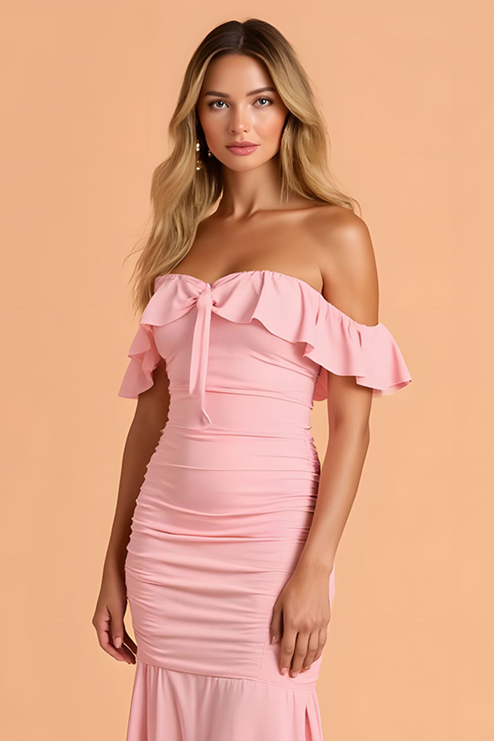 Blush Mermaid Ruched Off the Shoulder Maxi Bridesmaid Dress with Ruffles