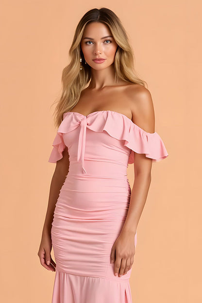 Blush Mermaid Ruched Off the Shoulder Maxi Bridesmaid Dress with Ruffles