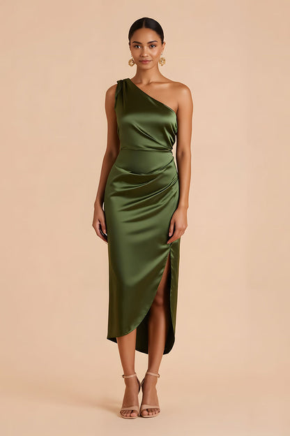 Olive Sheath One Shoulder Midi Bridesmaid Dress with Slit