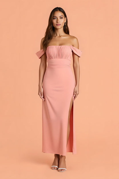 Blush Sheath Off the Shoulder Long Bridesmaid Dress with Slit