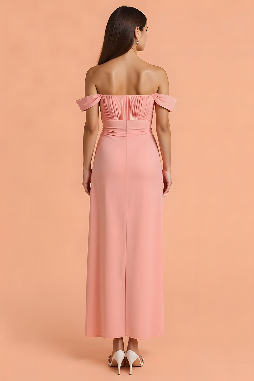 Blush Sheath Off the Shoulder Long Bridesmaid Dress with Slit