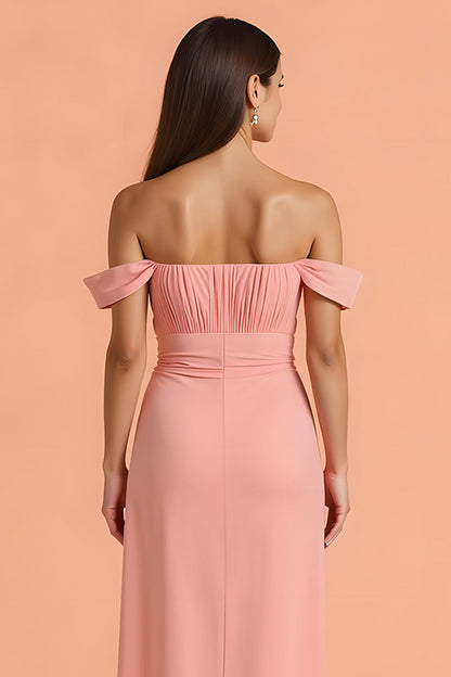 Blush Sheath Off the Shoulder Long Bridesmaid Dress with Slit