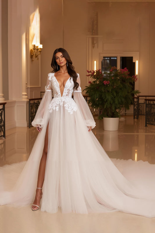 Lace Appliqued V Neck Tulle A Line Wedding Dress