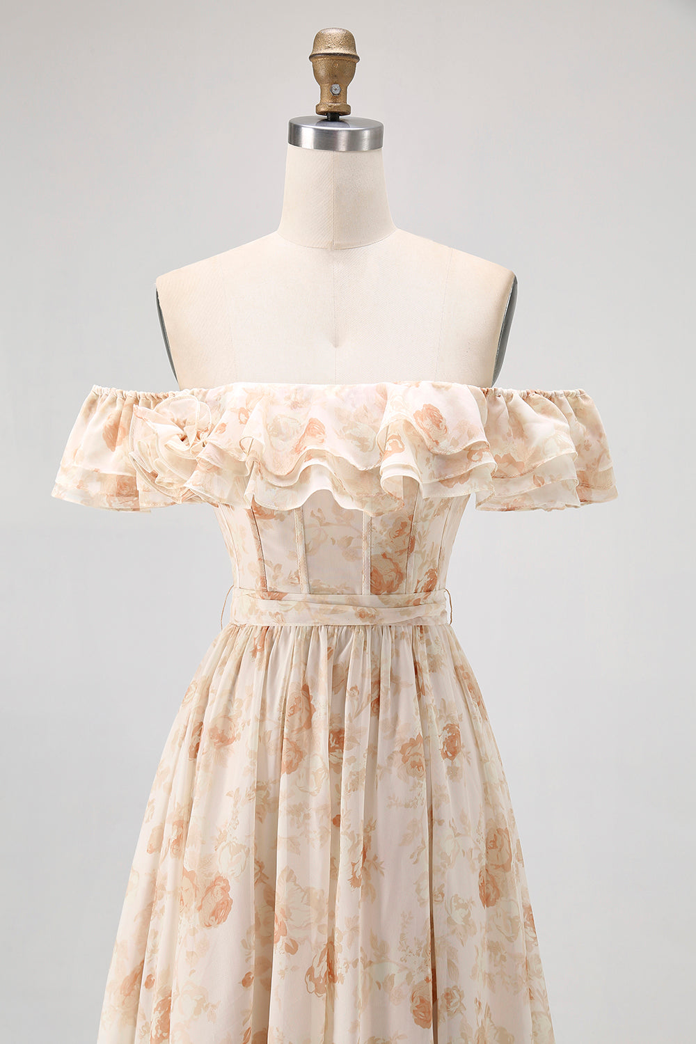 Champagne Flower Off The Shoulder Corset A-Line Bridesmaid Dress With Slit
