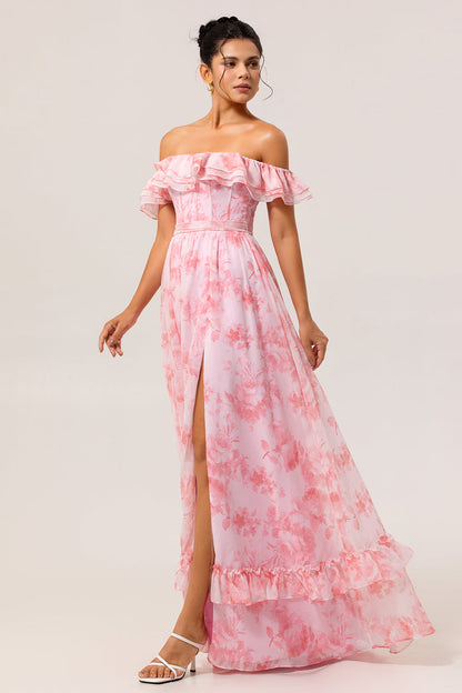 Champagne Flower Off The Shoulder Corset A-Line Bridesmaid Dress With Slit