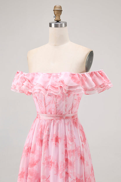 Champagne Flower Off The Shoulder Corset A-Line Bridesmaid Dress With Slit