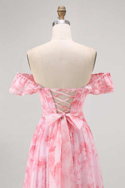 Champagne Flower Off The Shoulder Corset A-Line Bridesmaid Dress With Slit