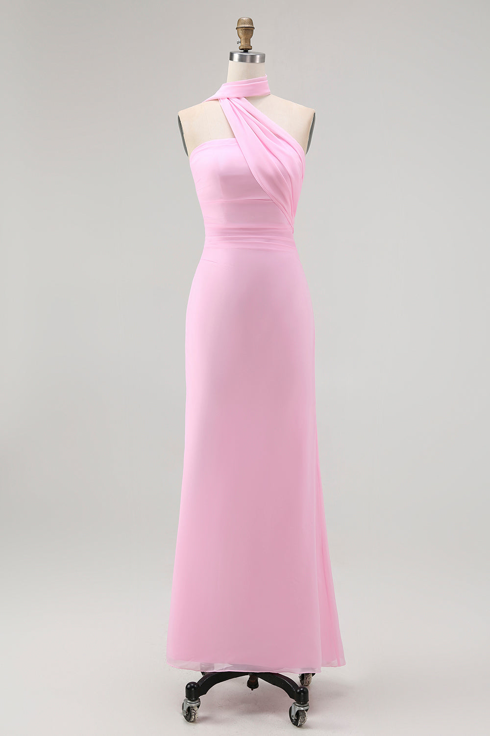 Sheath One Shoulder Blush Long Bridesmaid Dress with Streamer