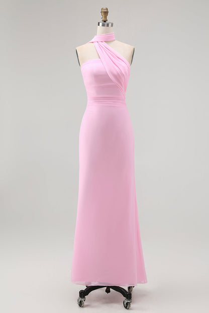 Sheath One Shoulder Blush Long Bridesmaid Dress with Streamer