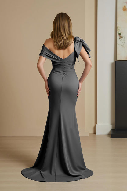 Dusty Blue Mermaid Satin Off The Shoulder Mother of the Bride Dress with Bow