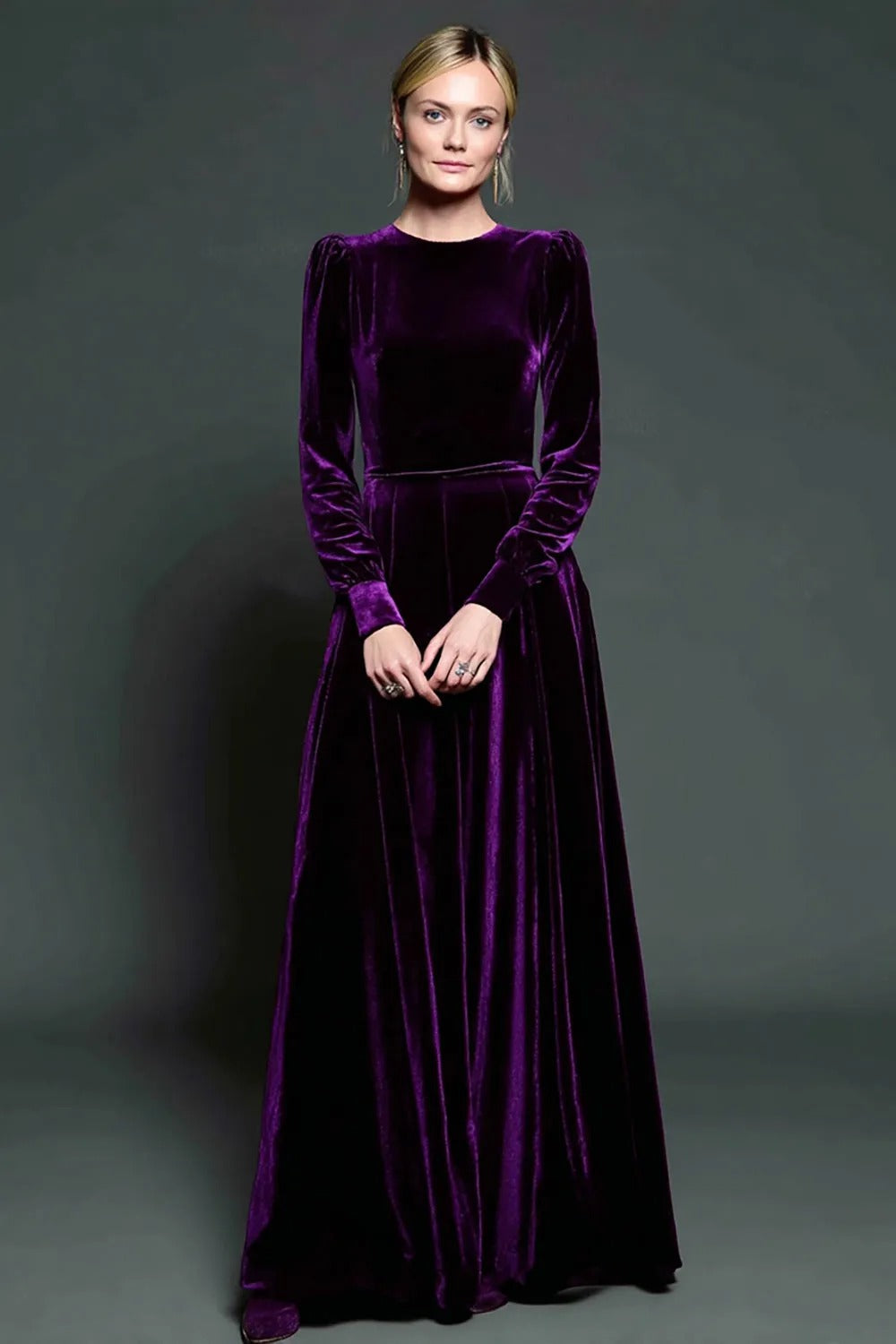 Dark Green A-Line Velvet Long Formal Dress With Long Sleeves