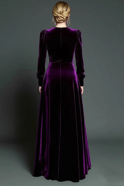 Dark Green A-Line Velvet Long Formal Dress With Long Sleeves