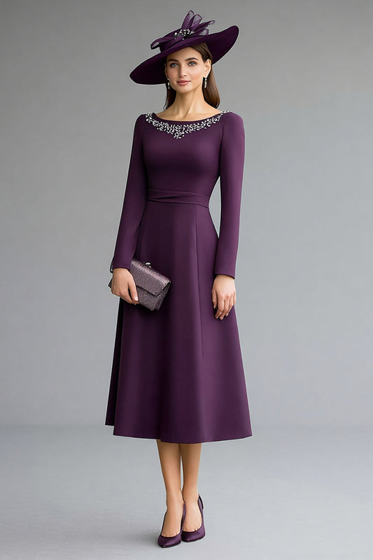 Dark Purple Boat Neck A Line Midi Work Dress with Beading