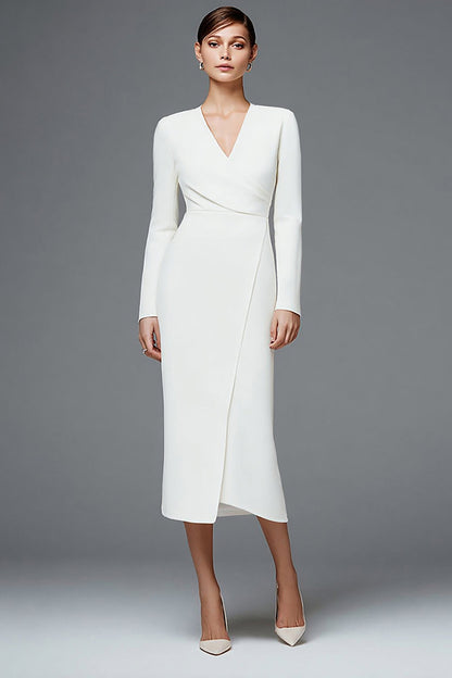 Ivory Sheath V-Neck Maxi Work Dress with Sleeves