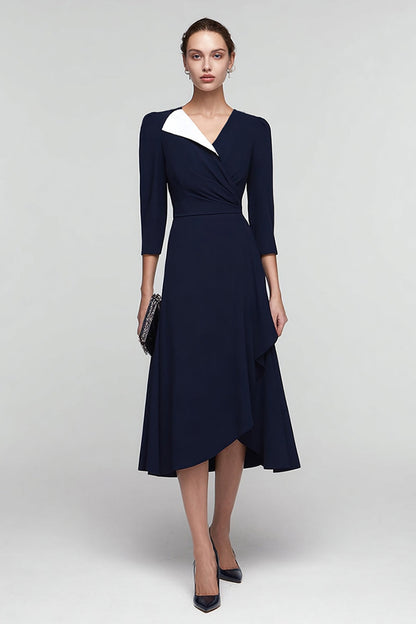 Black and White V-Neck A Line Midi Work Dress