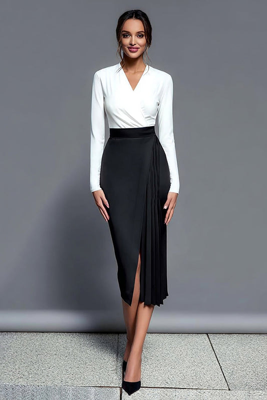 Black and White Sheath V-Neck Midi Work Dress with Slit