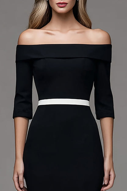 Black Sheath Midi Off The Shoulder Work Dress with Sleeves