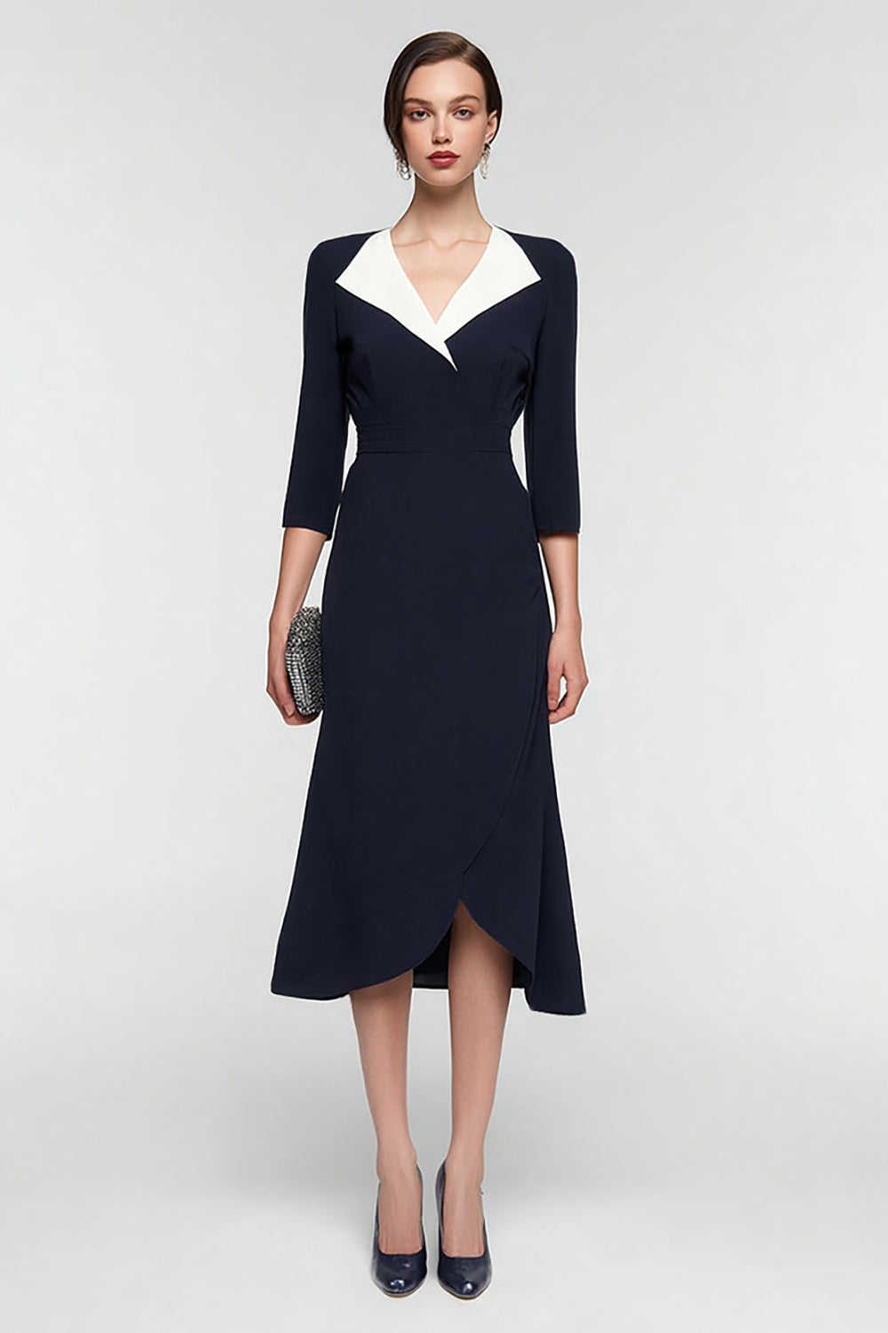 Black and White A Line V-Neck Midi Work Dress with Sleeves