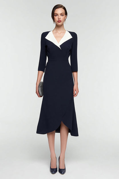Black and White A Line V-Neck Midi Work Dress with Sleeves