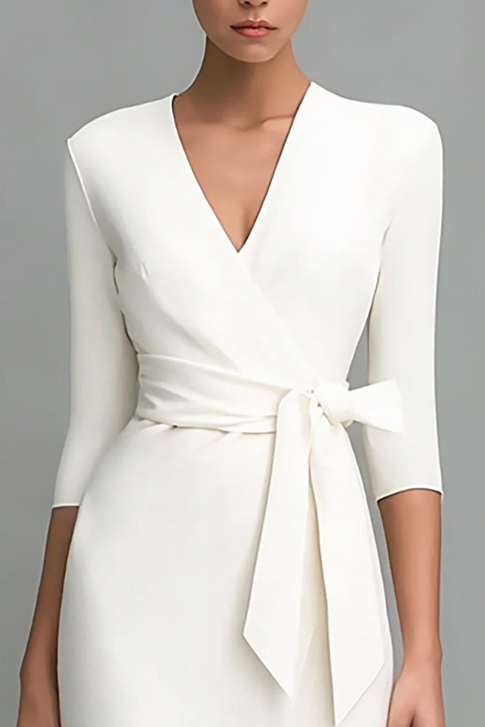 Ivory Sheath V-Neck Midi Work Dress with Sash