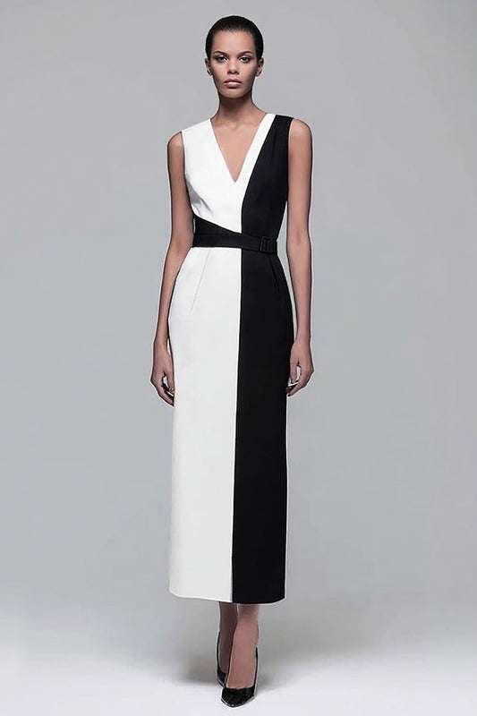 Black and White Patchwork Sheath V-Neck Long Work Dress
