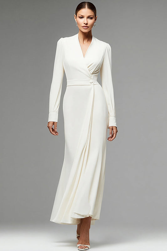 Ivory Sheath V-Neck Long Work Dress with Button