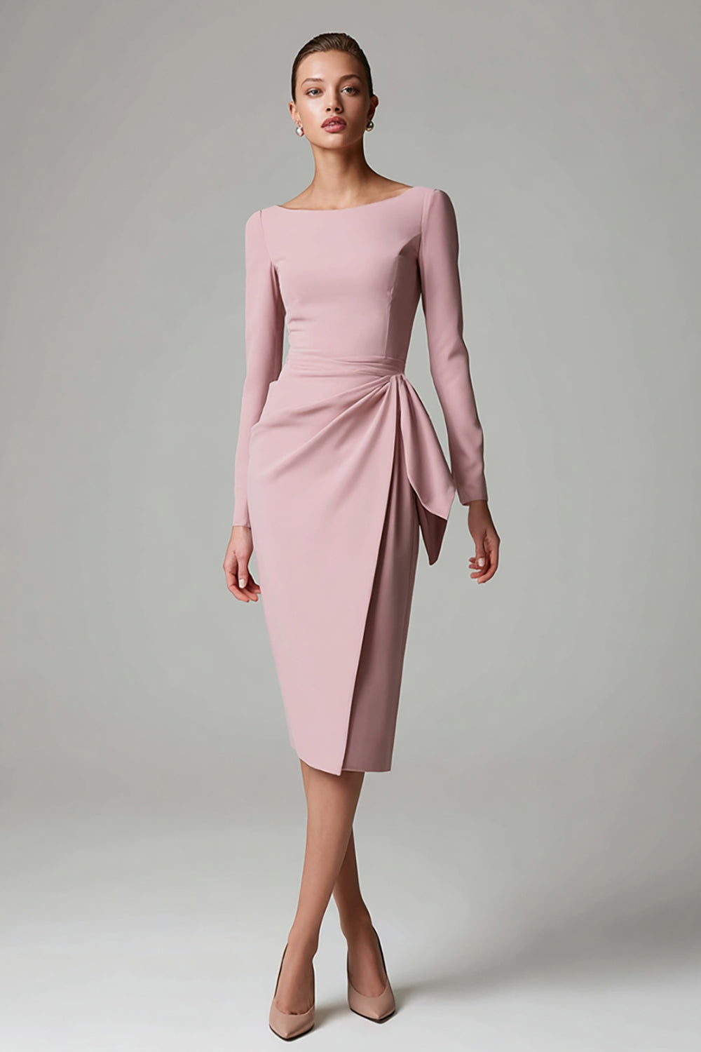 Pink Sheath Boat Neck Midi Work Dress