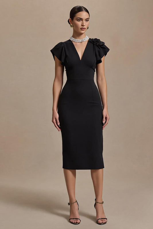 Black Midi Sheath V-Neck Work Dress with Ruffles