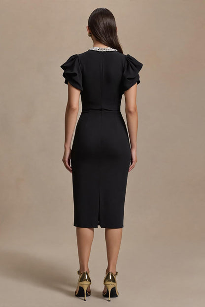 Black Midi Sheath V-Neck Work Dress with Ruffles