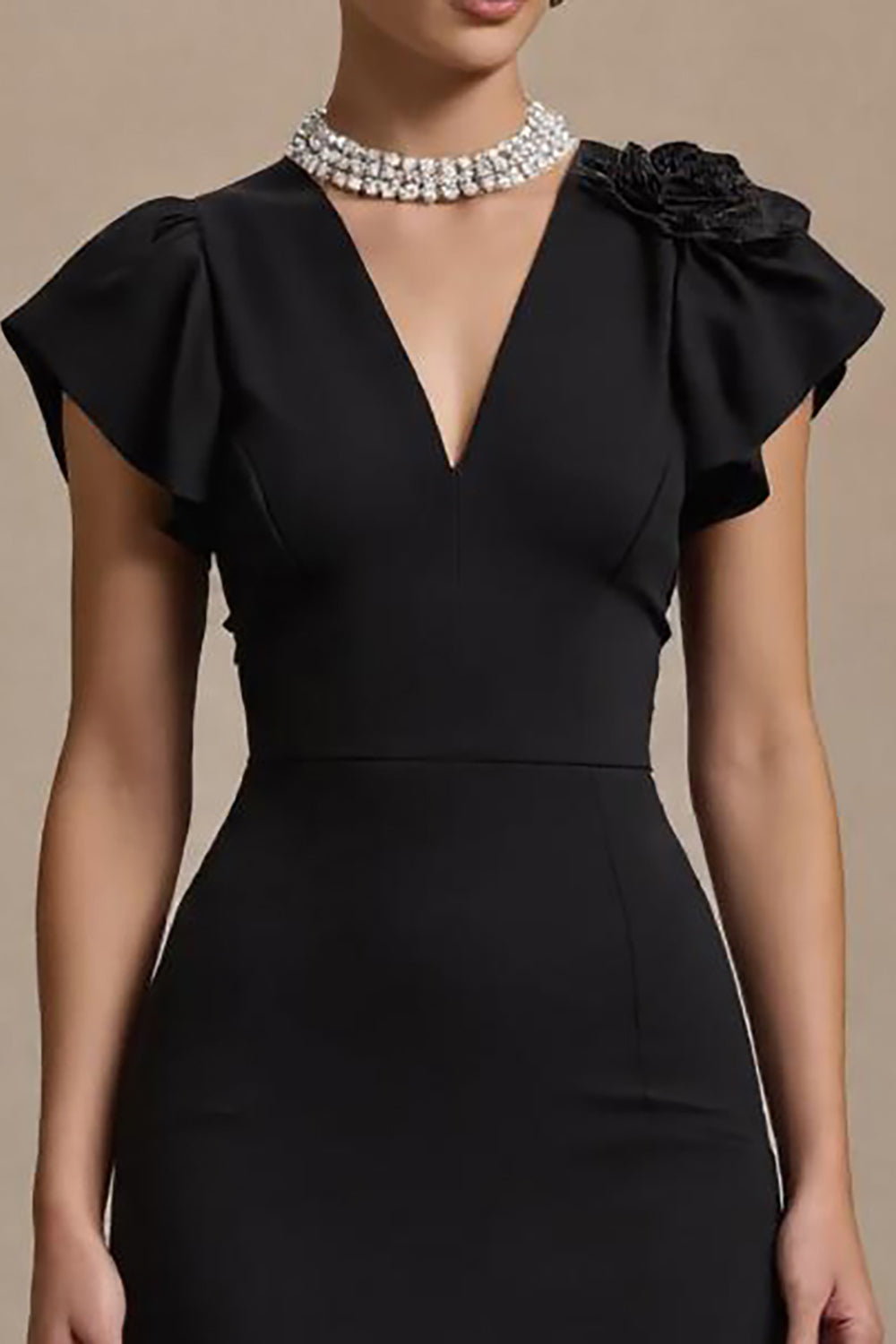 Black Midi Sheath V-Neck Work Dress with Ruffles