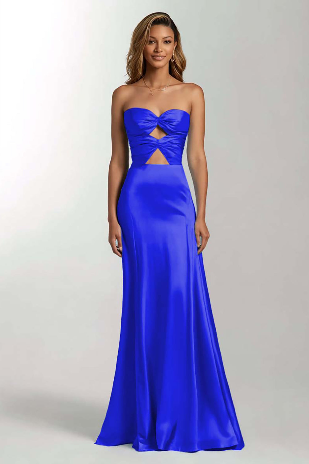 Sky Blue Mermaid Cut Out Satin Strapless Formal Dress