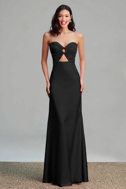 Pink Satin Cut Out Sheath Strapless Long Formal Dress