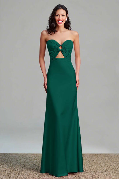 Pink Satin Cut Out Sheath Strapless Long Formal Dress