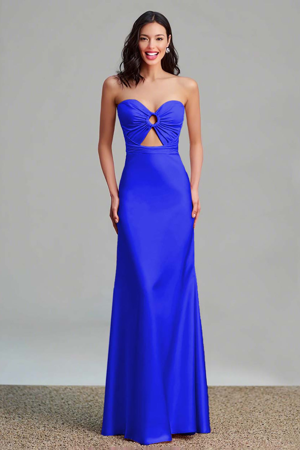 Pink Satin Cut Out Sheath Strapless Long Formal Dress