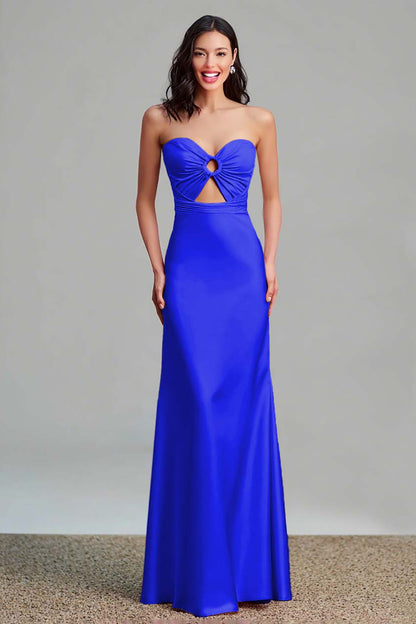 Pink Satin Cut Out Sheath Strapless Long Formal Dress