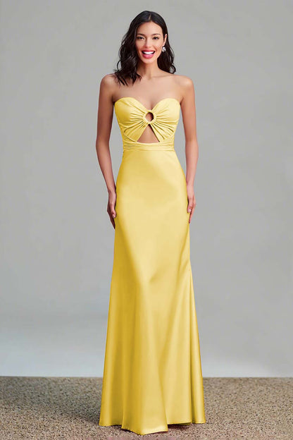 Pink Satin Cut Out Sheath Strapless Long Formal Dress