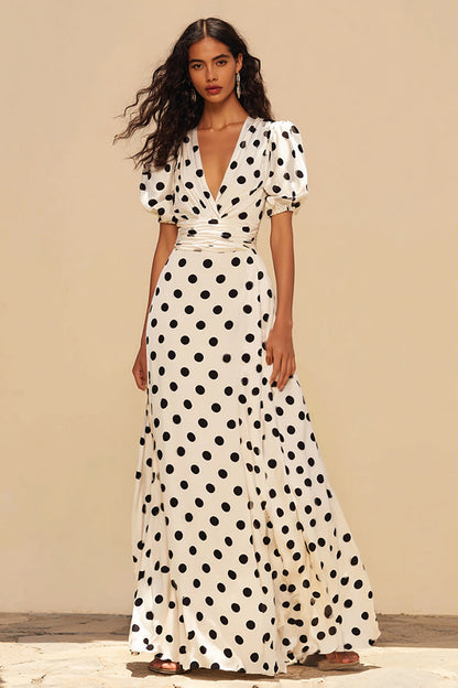 White Black Dots A Line  Wrap Long Formal Dress with Sleeves
