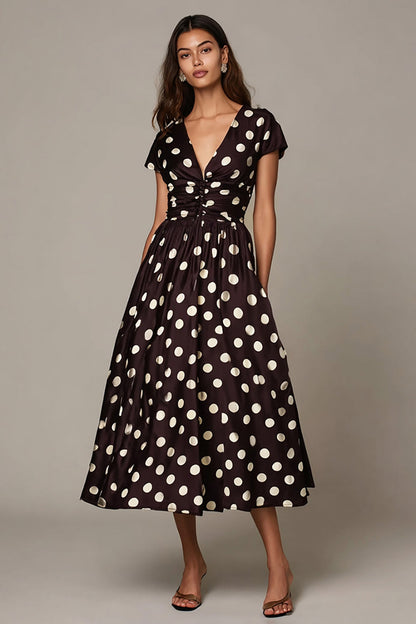 Dark Brown White Dots A Line V-Neck Formal Dress with Sleeves