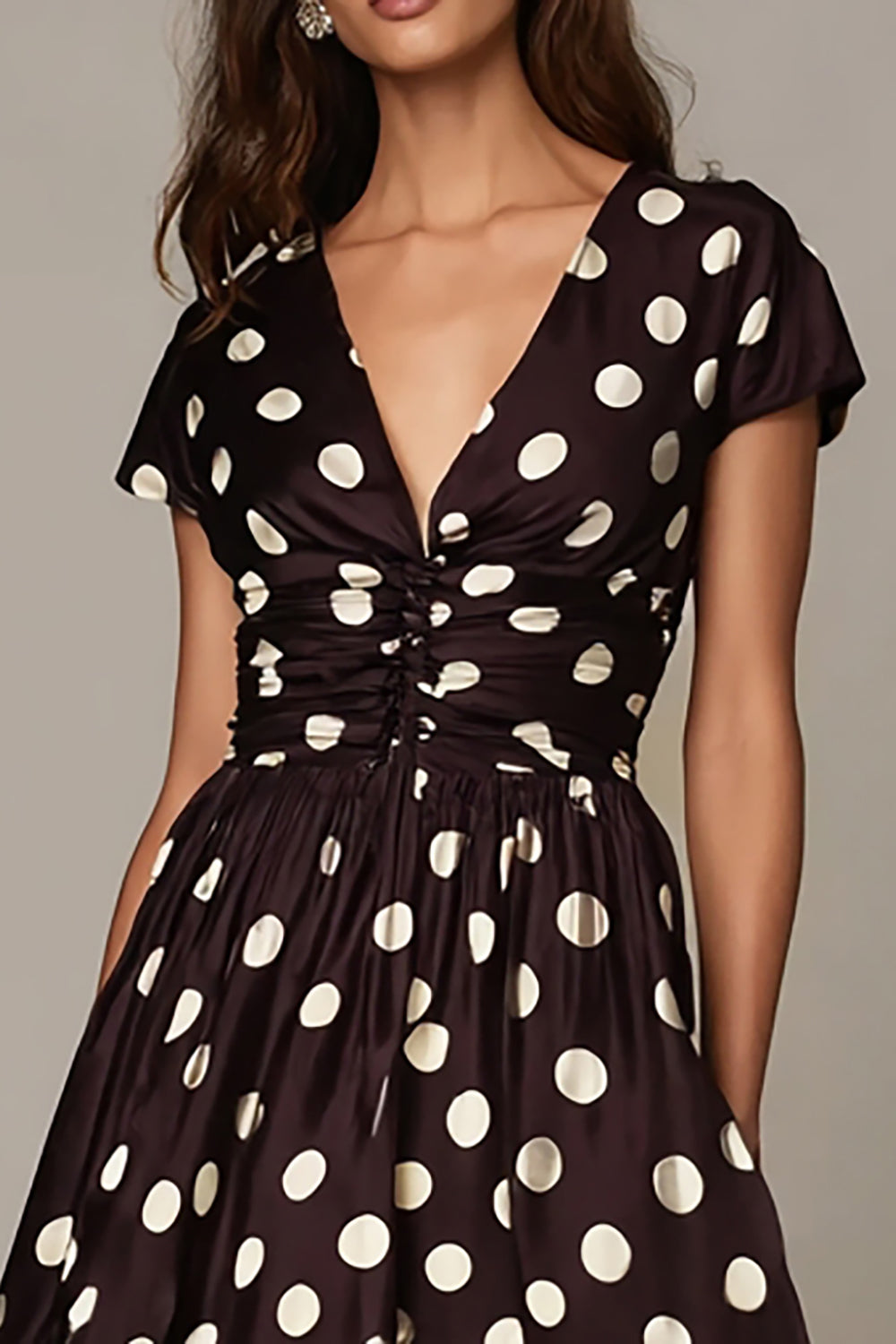 Dark Brown White Dots A Line V-Neck Formal Dress with Sleeves