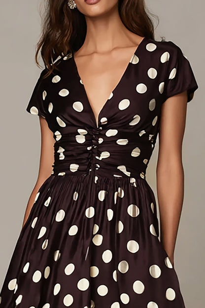 Dark Brown White Dots A Line V-Neck Formal Dress with Sleeves