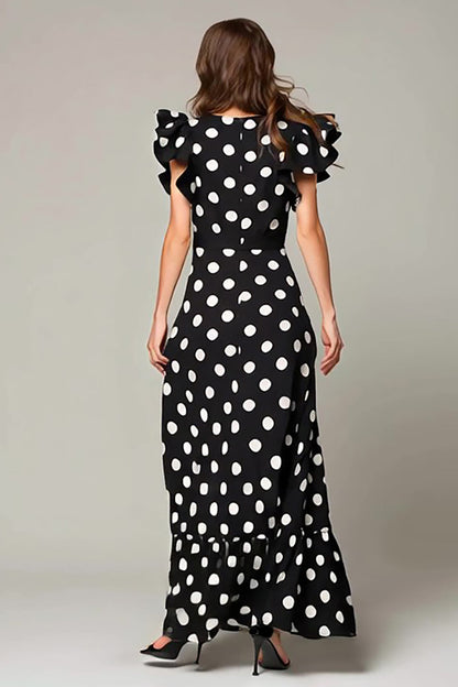 Black White Dot A Line Long Formal Dress with Ruffles
