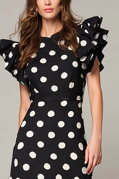 Black White Dot A Line Long Formal Dress with Ruffles
