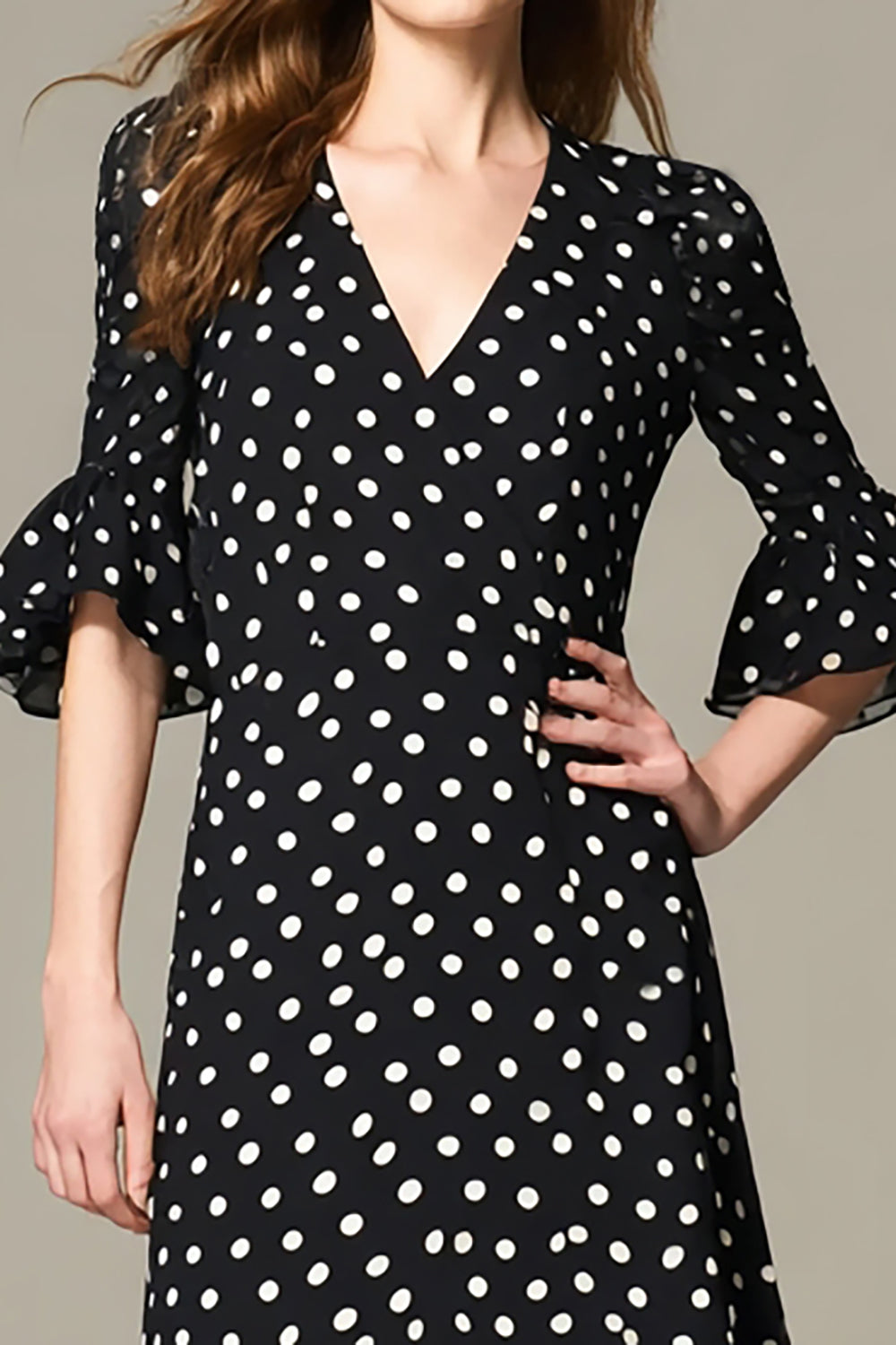 Black White Dot Ruffled A Line Long Formal Dress with Sleeves