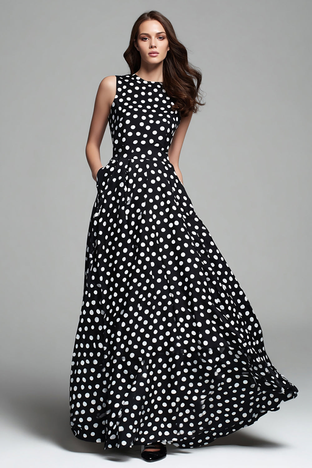 Black White Dot A Line Round Neck Long Formal Dress with Pocket