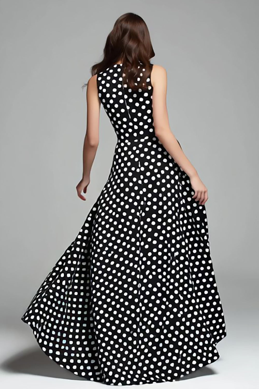Black White Dot A Line Round Neck Long Formal Dress with Pocket