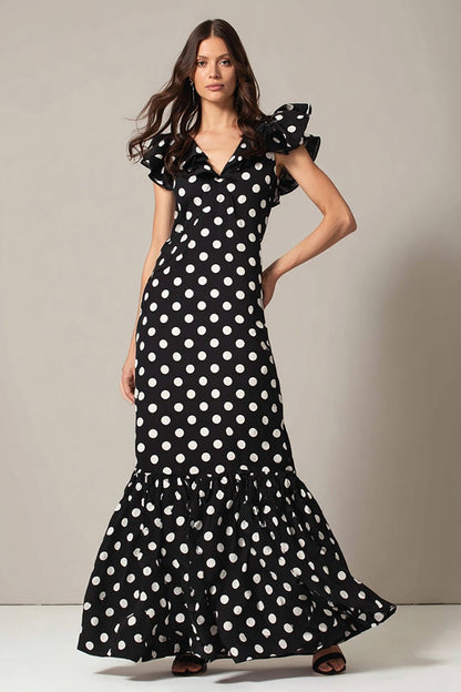 Black White Dot A Line V-Neck Long Formal Dress with Ruffles