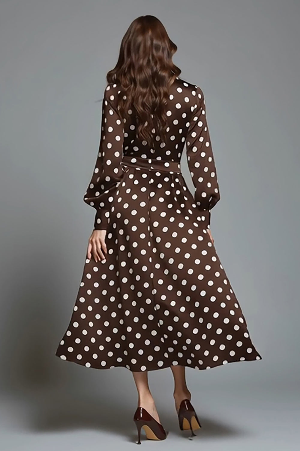 Dark Brown White Dot A Line Round Neck Formal Dress with Sleeves